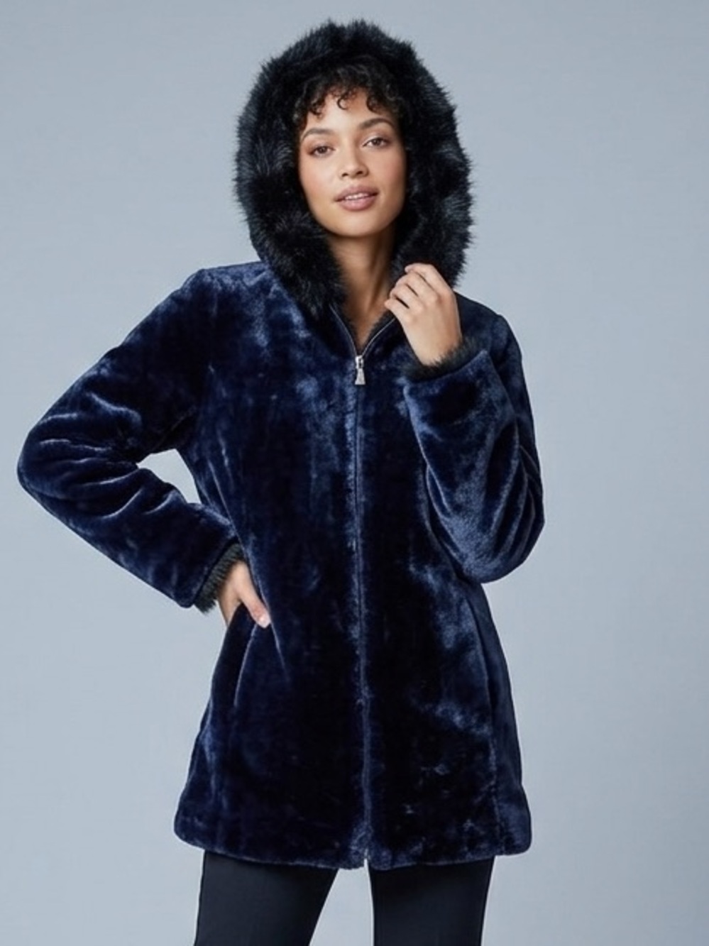 Dennis Basso NWT Navy Blue Faux Fur Coat Jacket M Hooded Mob Wife Glam Cozy Lux